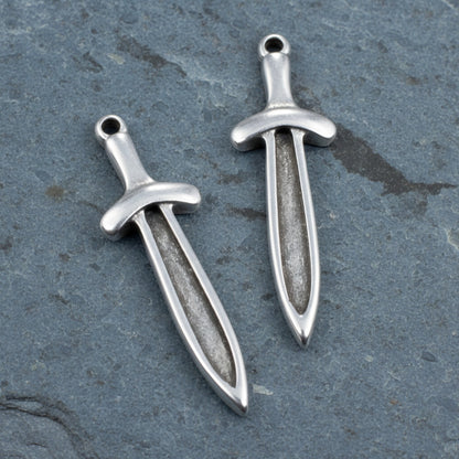 Hackberry Creek 4 antique silver sword dagger charms with recessed fronts for enamel, 11.5mm x 38.5mm.