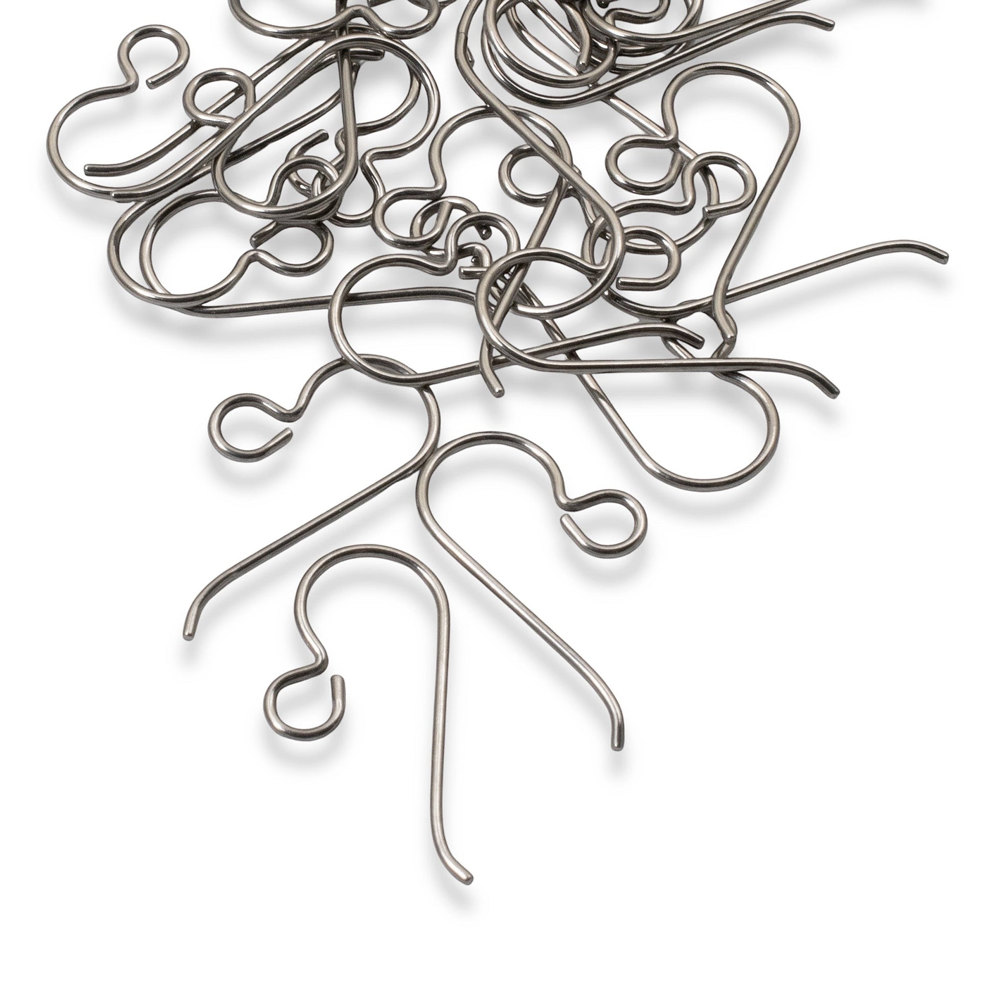 Hackberry Creek 50-pack of hypoallergenic titanium ear wires, 10mm x 21mm, 20-gauge, steel gray finish, for sensitive ears.