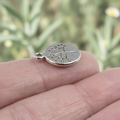 Hackberry Creek antique silver tree of life coin charm held on a finger with a blurred nature background