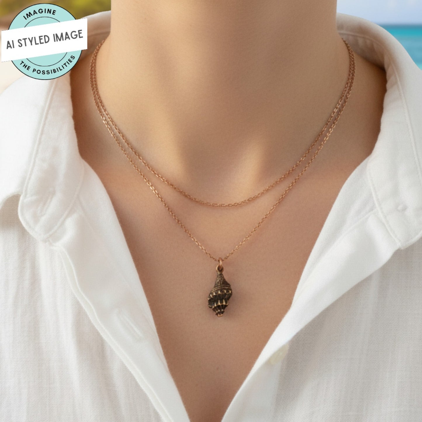 Hackberry Creek 21mm copper-plated pewter trumpet shell charm with intricate detailing, perfect for beach and nautical jewelry.