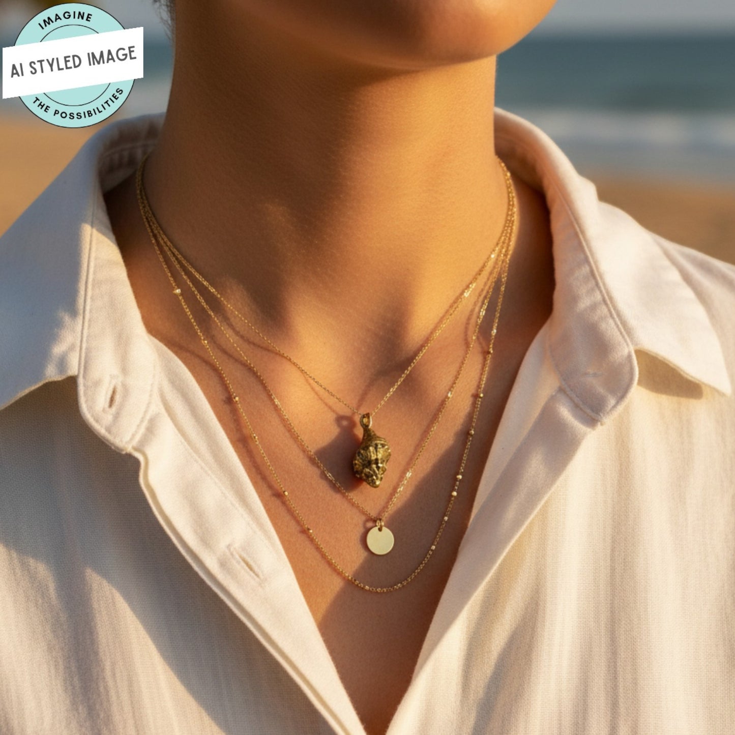 Hackberry Creek 24K gold plated pewter trumpet shell charm necklace on a model at the beach.