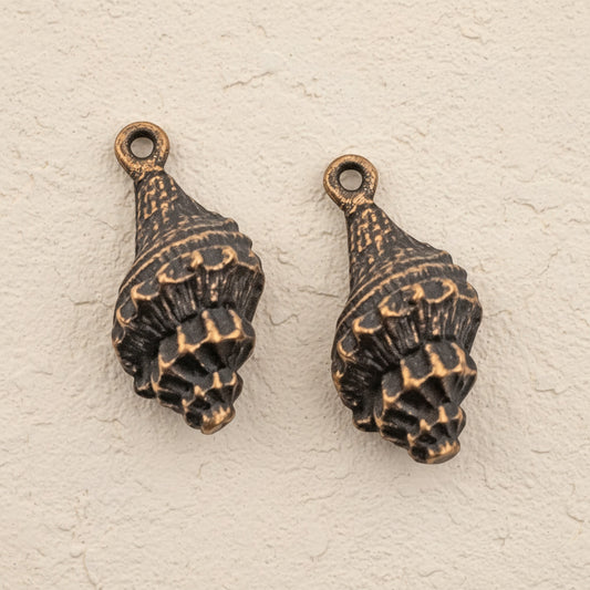 Hackberry Creek 2pcs copper-plated pewter trumpet shell charms with intricate detailing, 21mm.