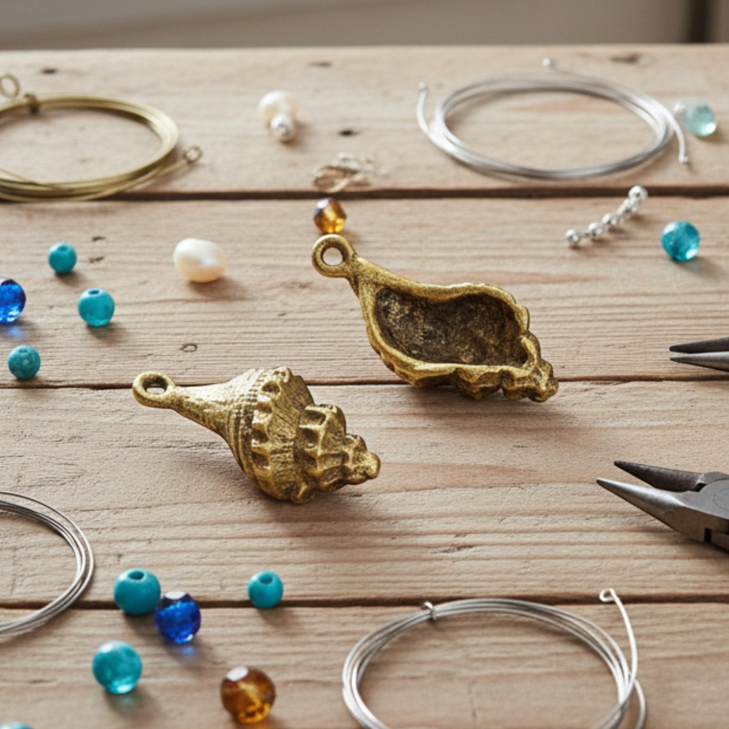 Hackberry Creek 24K gold plated pewter trumpet shell charms with intricate detailing. Beach nautical jewelry making supplies.