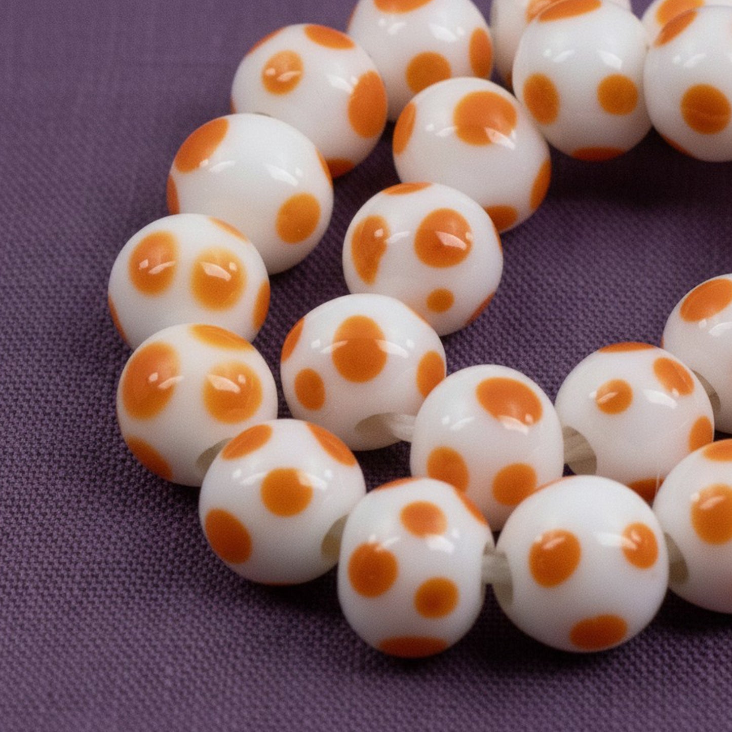 White Orange Polka Dot Beads: Indonesian Lampwork 8mm Round Halloween Fall 50Pcs