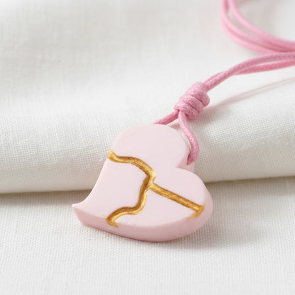 Kintsugi Heart Necklace: Pink Wearable Art Inspiration Gift Handmade Pendant