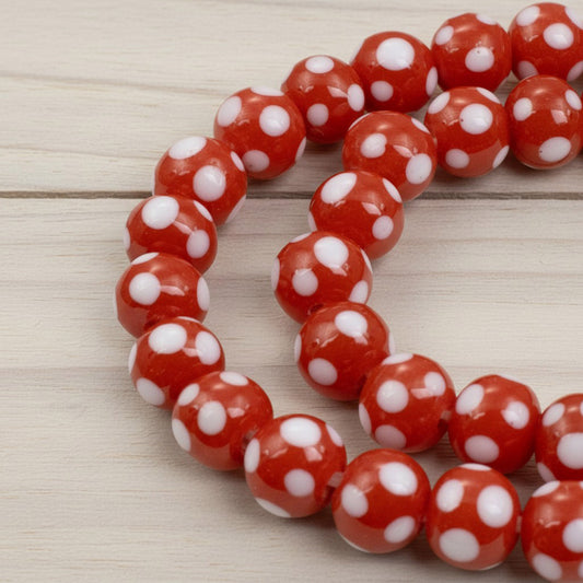 Red with White Dots Lampwork Glass Beads, Handmade Indonesian, 8mm 17" Strand