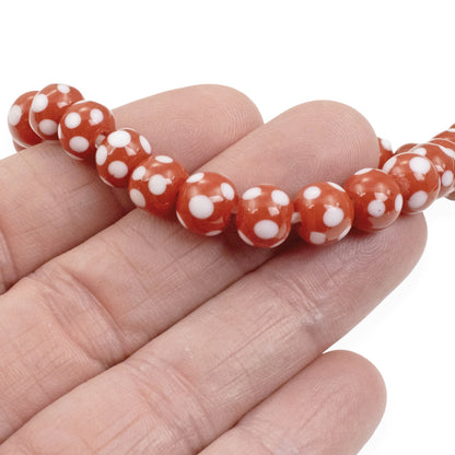 Red with White Dots Lampwork Glass Beads, Handmade Indonesian, 8mm 17" Strand