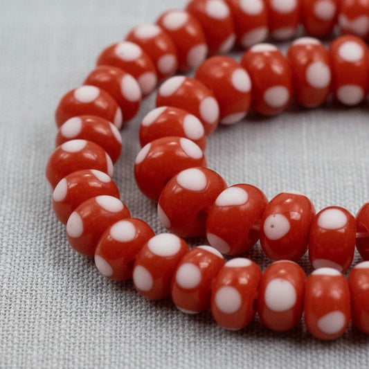 Red with White Dots Rondelle Lampwork Glass Beads, Handmade Indonesian, 8mm 17" Strand