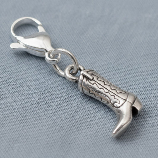 Silver Western Boot Clip-on Charm Detailed with Secure Clasp, Rustic Accessory