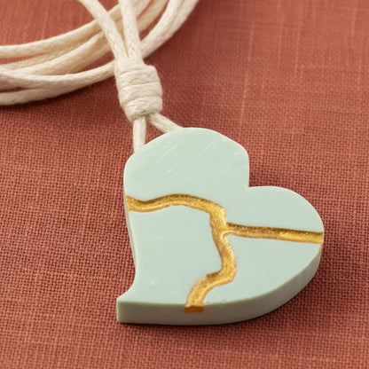 Kintsugi Heart Necklace: Sage Green Wearable Art Inspiration Gift Handmade USA