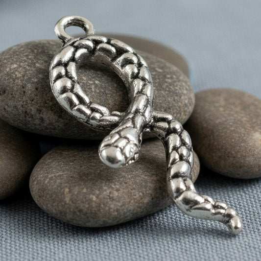Silver Snake Charms: Antique Finish 3D Serpent Pendant Jewelry Making 10-Pack