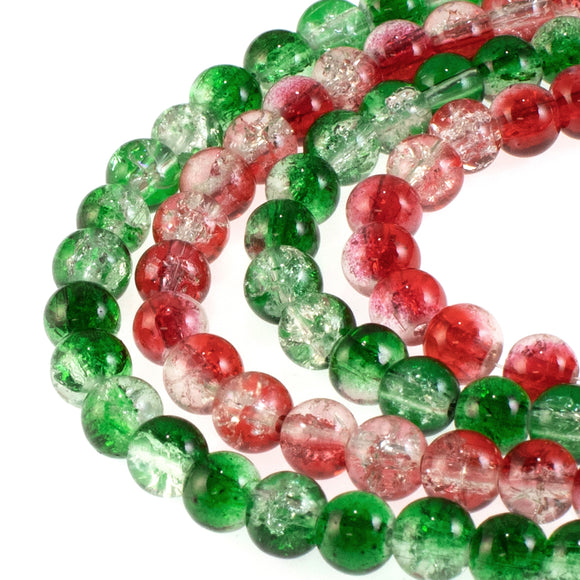 6mm Red & Green Double Color Glass Crackle Beads, Christmas Set 200/Pkg