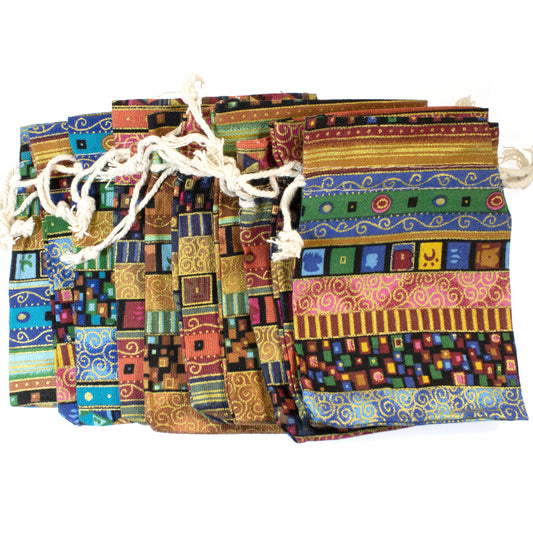 10 Ethnic Earthy Drawstring Fabric Pouches, Bohemian Cloth Bags, Reusable 4"x5"