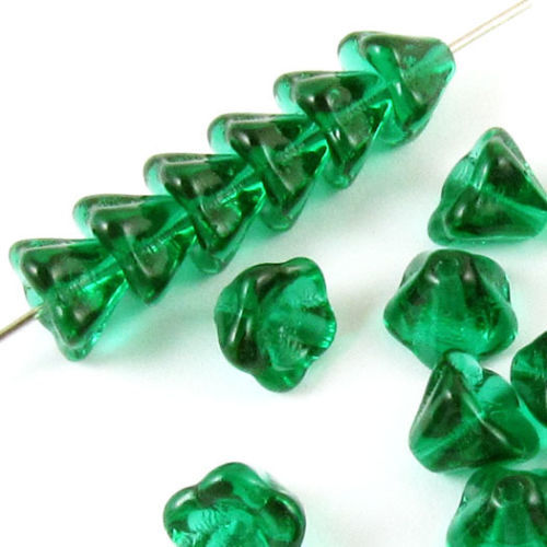 Emerald Green Bell Flower Beads, Czech Glass Beads 6x8mm (25 Pieces)