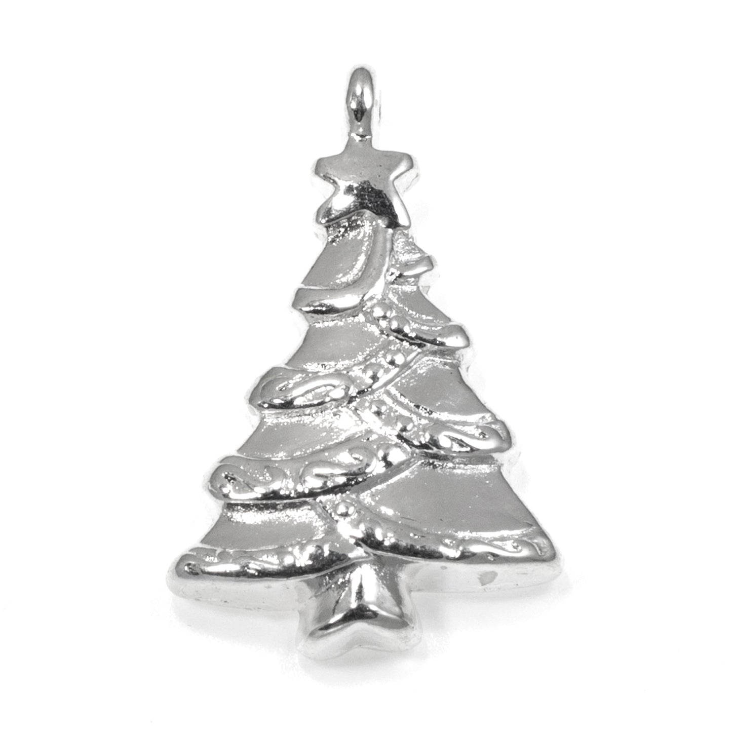 5 Bright Silver Christmas Tree Pendants, Holiday Charms, Horizontal Loop