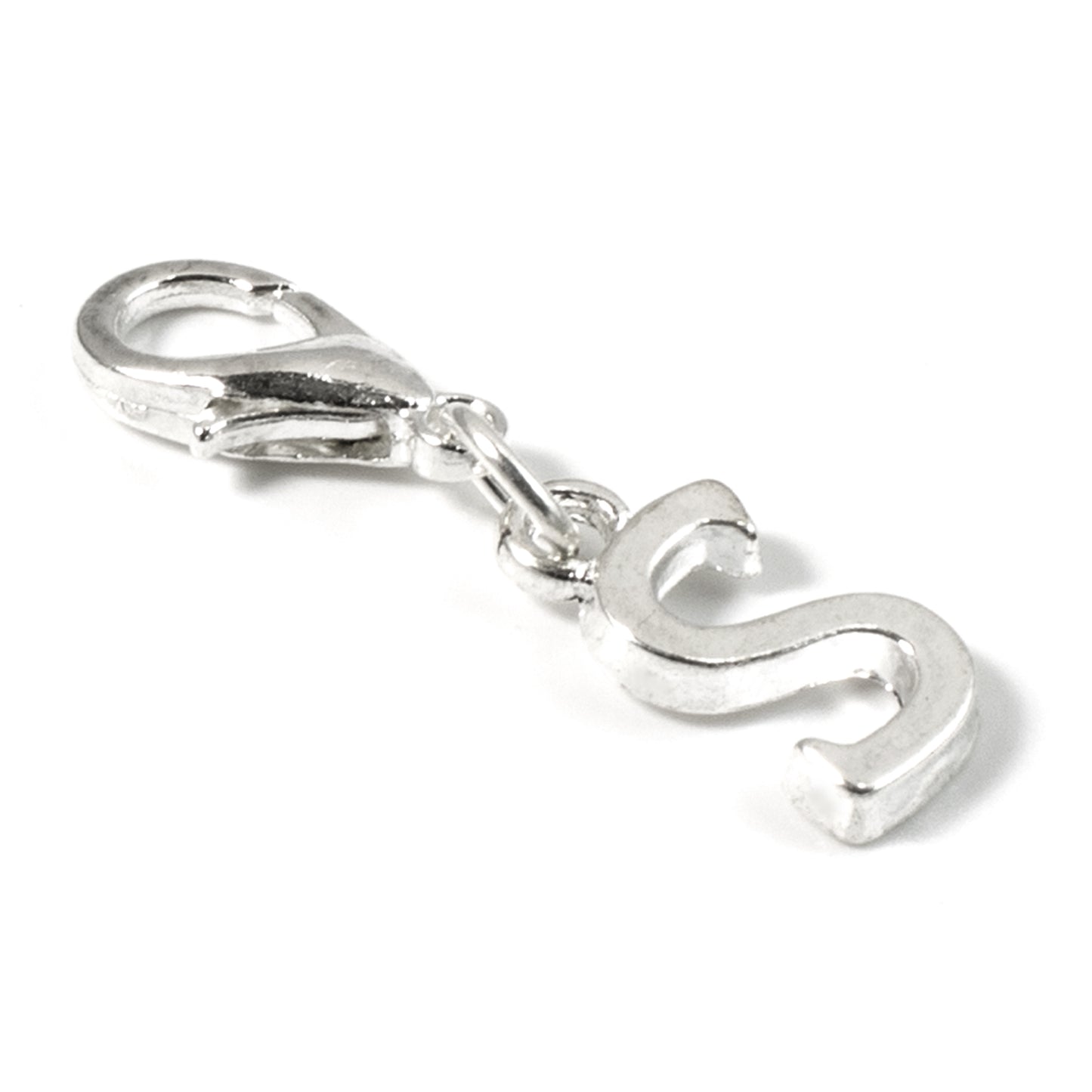 Letter "S" Clip On Charm, Silver Initial Alphabet Dangle with Lobster Clasp