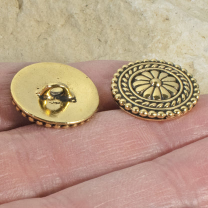 Gold Large Bali Buttons, TierraCast Leather Clasp, Shank Back 2/pkg