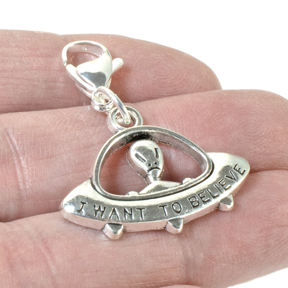 Silver I Want To Believe Clip-on Charm, Alien Spaceship Sci-Fi Lover Gift