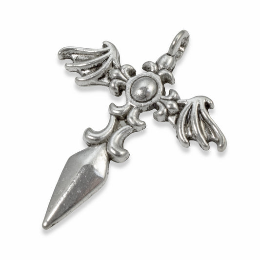 Silver Winged Sword Cross Pendants, Metal Cross Charms 35x43mm 5/Pkg