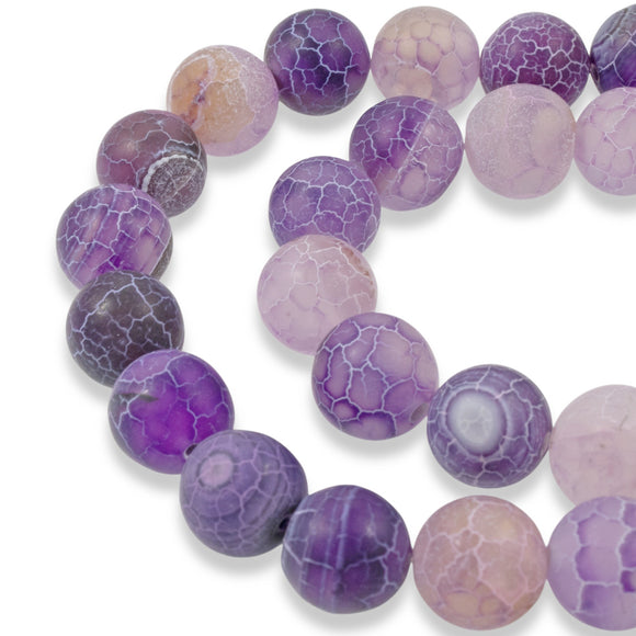 Purple 10mm Frosted Crackle Dragon Vein Agate Stone Beads, Full Strand, 38Pcs
