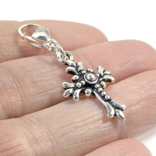 Silver Fleur Cross Clip-on Charm, For Purse, Journal, Handbag + Lobster Clasp