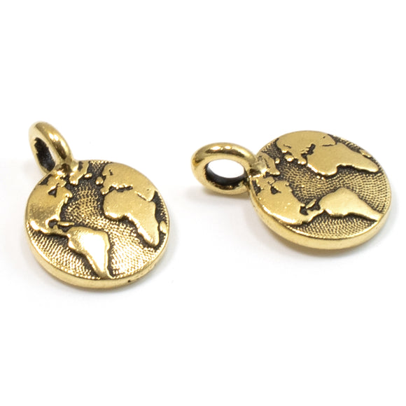 Gold Earth Charms, TierraCast Round Circle Map Charm 2/Pkg