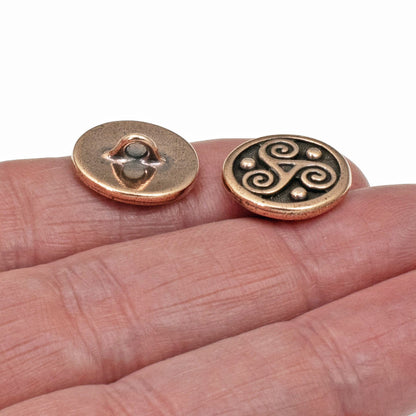 2 Copper Celtic Buttons - Triskele Triple Spiral - Shank Back - Leather Clasp