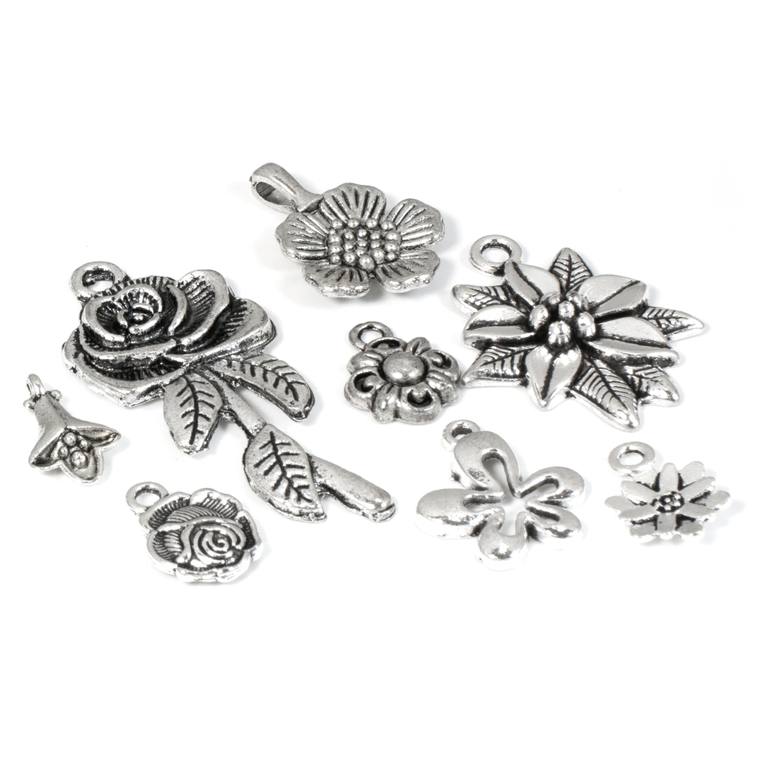 Youdiyla 100pcs Mix Silver Tree Flower Charms Collection, Bulk Mini Small Little Charms Metal Pendant Craft Supplies Findings for Necklace and