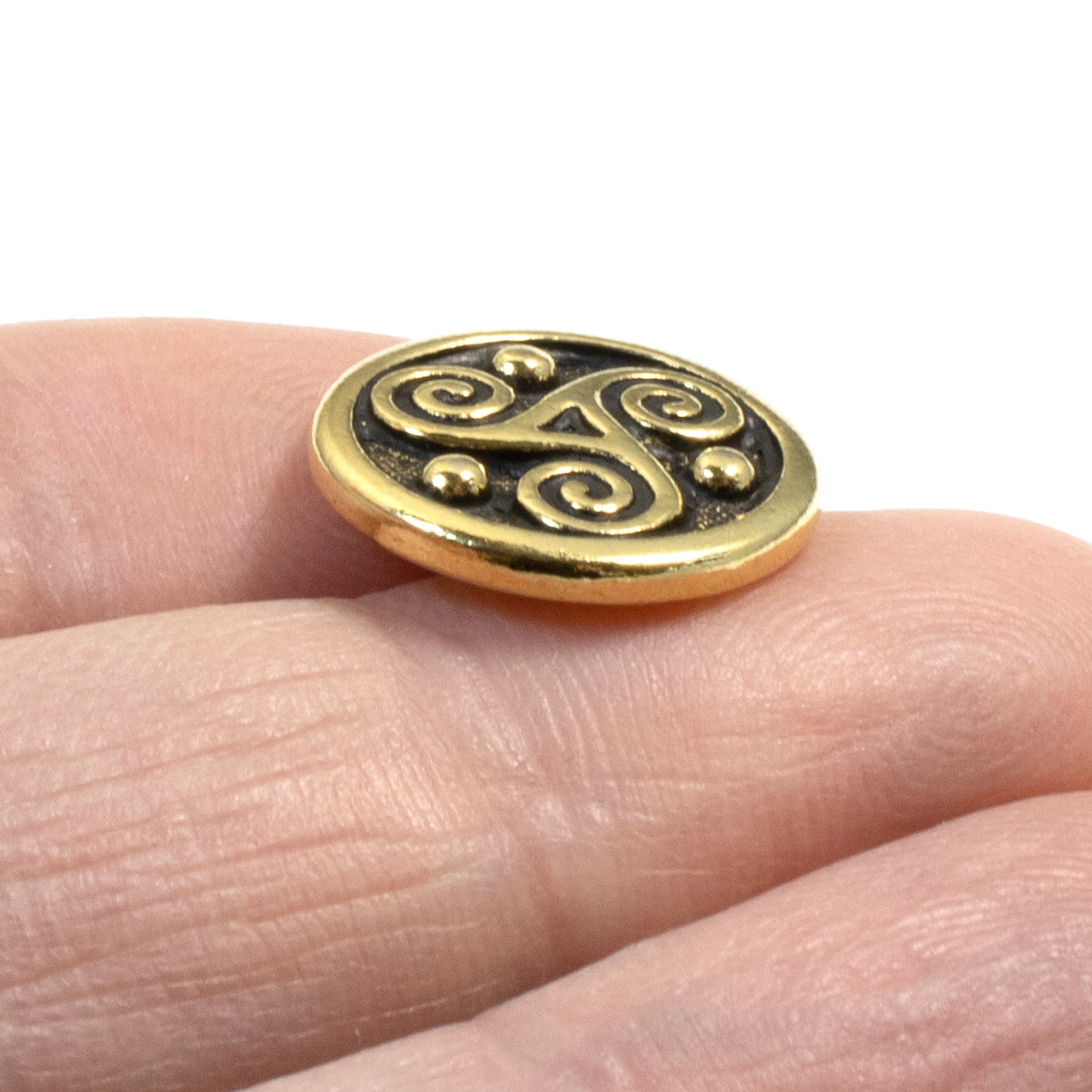 2 Gold Triple Spiral Celtic Buttons, Triskele Symbol, Shank Back