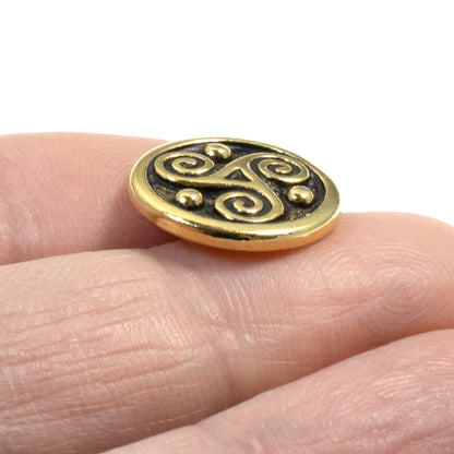 2 Gold Triple Spiral Celtic Buttons, Triskele Symbol, Shank Back