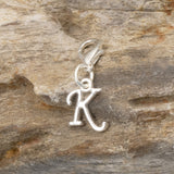 Silver Letter "K" Clip On Charm, Cursive Script Initial Dangle + Lobster Clasp