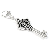 Silver Victorian Key Clip on Charm, Zipper Pull, Purse Charm + Lobster Clasp