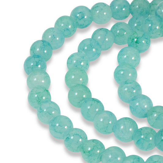 6mm Aqua Blue Green Dragon Vein Glass Beads, Round Beads + Veining 100/Pkg