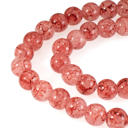 50-Pack 8mm Firebrick Dragon Vein Glass Beads, Pink Beads + Red Veins