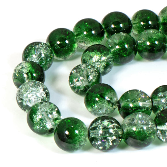10mm Green & Clear Crackle Glass Round Beads | Two-Tone Double Color 30/Pkg