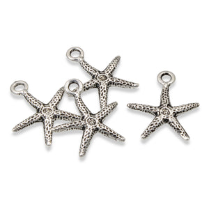 4/Pkg Silver Starfish Charms, TierraCast Beach Ocean Seastar for DIY Jewelry
