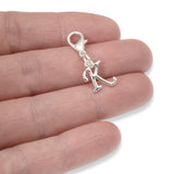 Silver Letter "K" Clip On Charm, Cursive Script Initial Dangle + Lobster Clasp