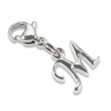 Silver Letter "M" Clip On Charm, Cursive Script Initial Dangle + Lobster Clasp