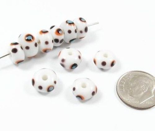 Rondelle Halloween Lampwork Glass Beads-WHITE + BLACK, ORANGE DOTS (30)