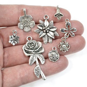 Silver Mixed Flower Charms, Metal Floral Charm Set (16 Pieces)