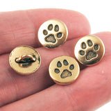 Gold Small Paw Print Buttons, TierraCast Shank, Leather Clasp 12mm 4/Pkg