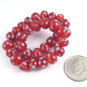 Rondelle Lampwork Glass Beads-RED + LIGHT BLUE DOTS (30)