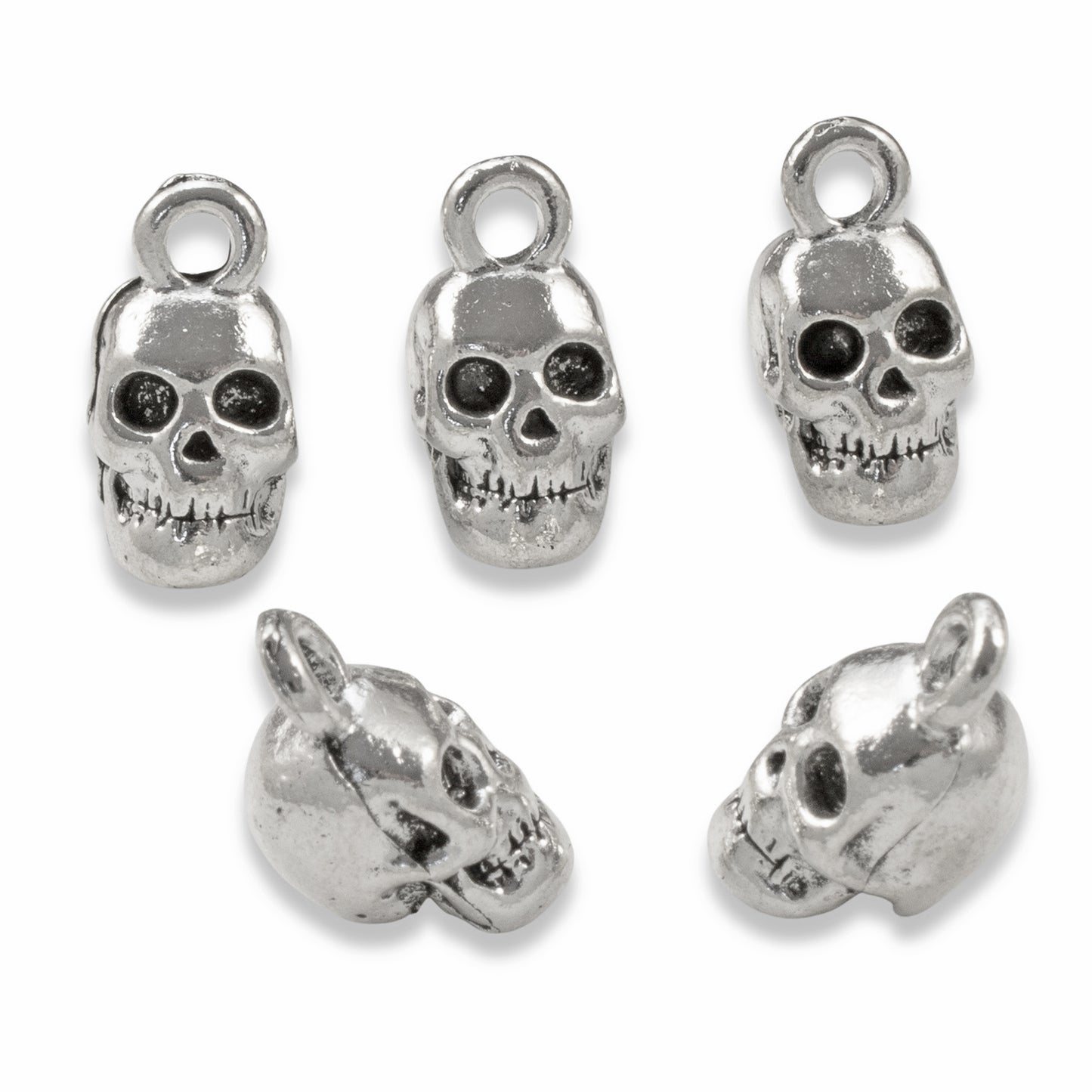 5 Silver Skull Charms - 3D Metal Creepy Halloween Pendants - DIY Goth Jewelry