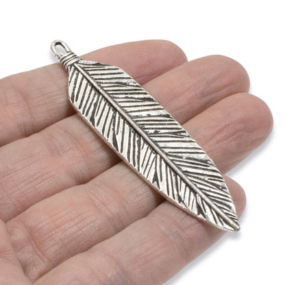 Large Feather Pendant - Silver TierraCast Charm - Southwestern Boho Focal Piece 1/Pkg