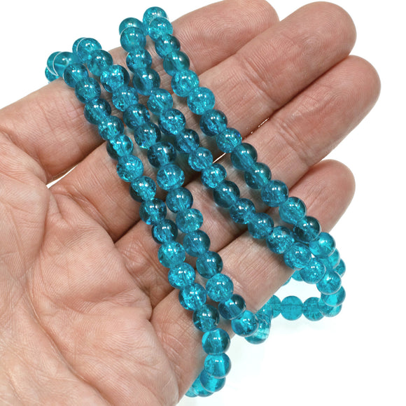 100 Aqua Blue 6mm Round Glass Crackle Beads, Ideal for Handmade Jewelry