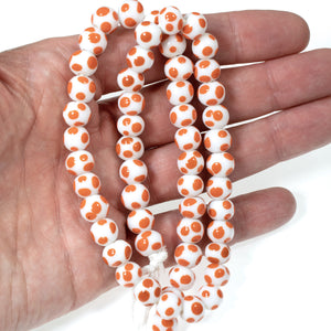 White & Orange 8mm Dotted Round Glass Beads, Handmade Lampwork, 56Pcs