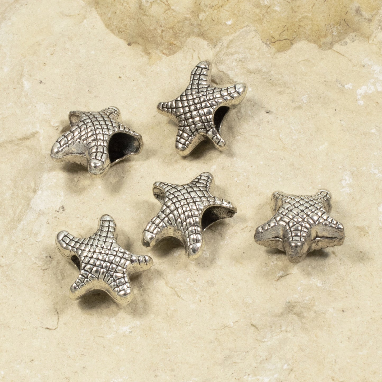 20 Silver Starfish Beads - Large Hole Metal Sea Star - DIY Beach Themed Supplies