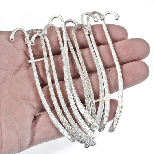 10 Tibetan-Style Silver Swirl Metal Bookmarks, Small 3 3/8" Hook Shaped Blanks