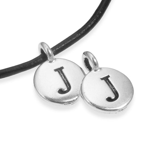 2Pc. Silver "J" Initial Charms, TierraCast Round Small Alphabet Letter