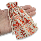 10 Tan & Red Metallic Fabric Drawstring Bags, Reusable Christmas Cloth Pouches